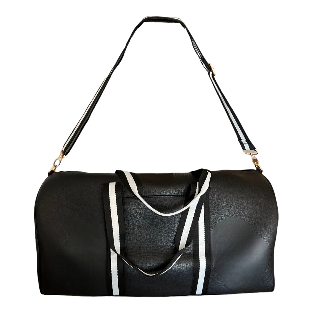 The Daily Duffle: Black Faux Leather, Stripe Strap, Stripe Handles