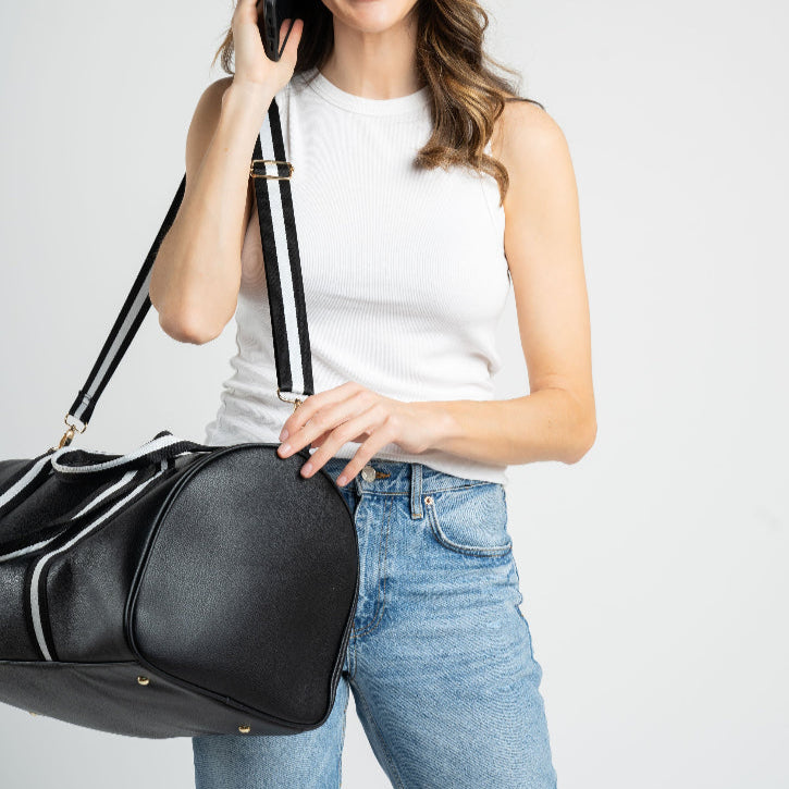 The Daily Duffle: Black Faux Leather, Stripe Strap, Stripe Handles