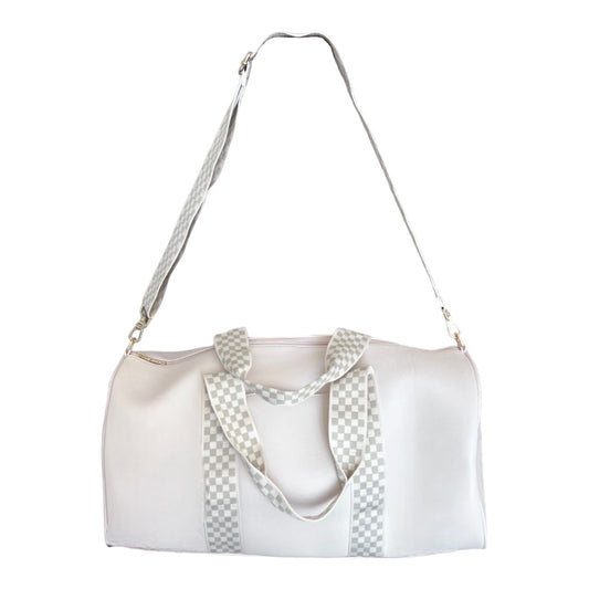 The Daily Duffle: Cream Faux Leather, Checkered Strap, Checkered Handles