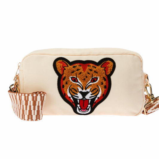 Cream Cheetah Crossbody Bag w/ Neutral Striped strap