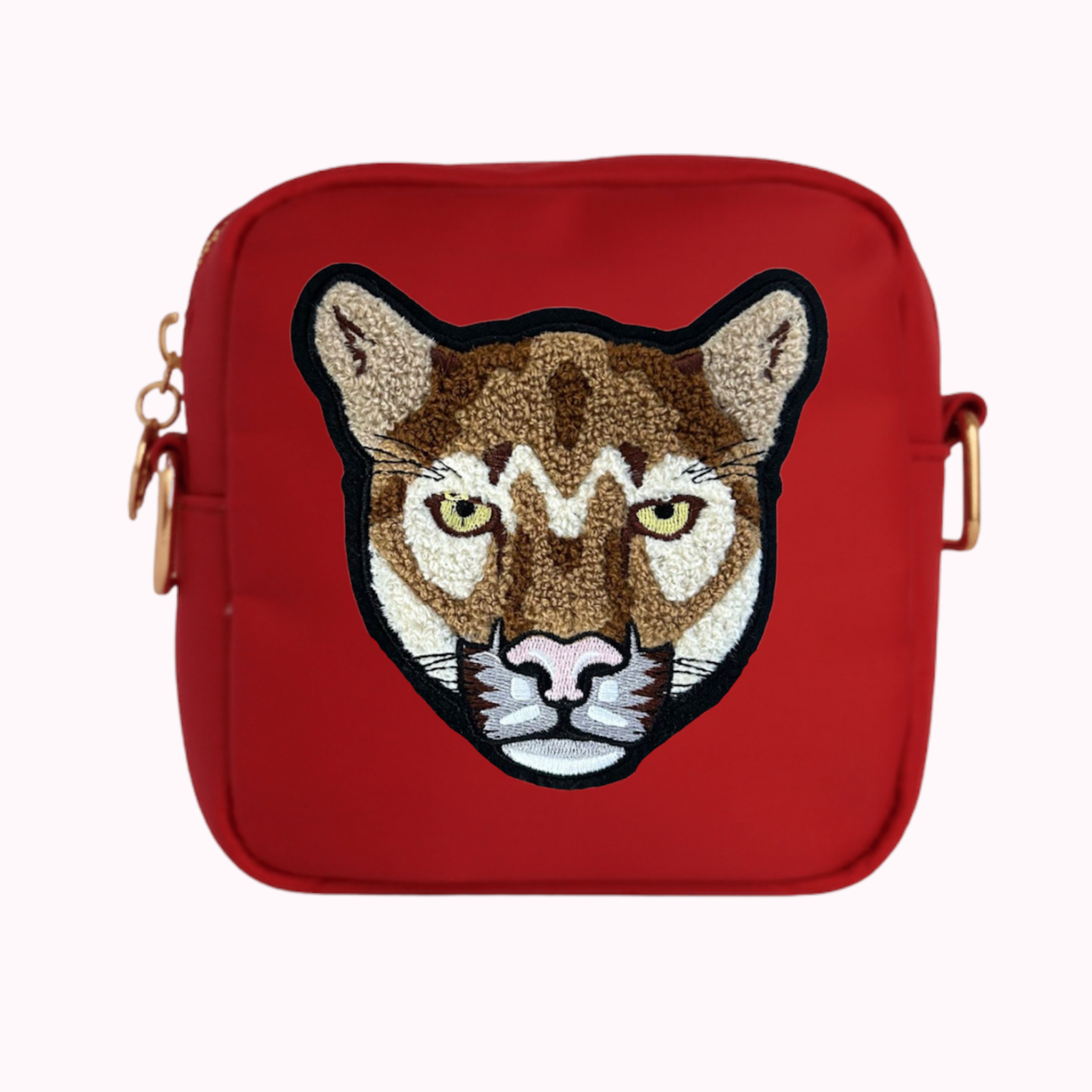 Crimson Mini Crossbody bag with cougar patch. 