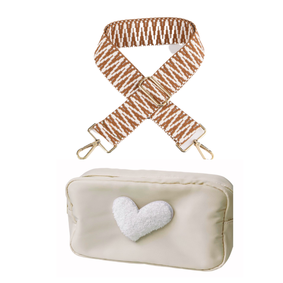 Cream Heart Crossbody Bag w/ Neutral Striped strap