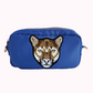 Royal blue medium crossbody bag with cougar patch. 