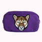 Purple crossbody bag with cougar patch. 